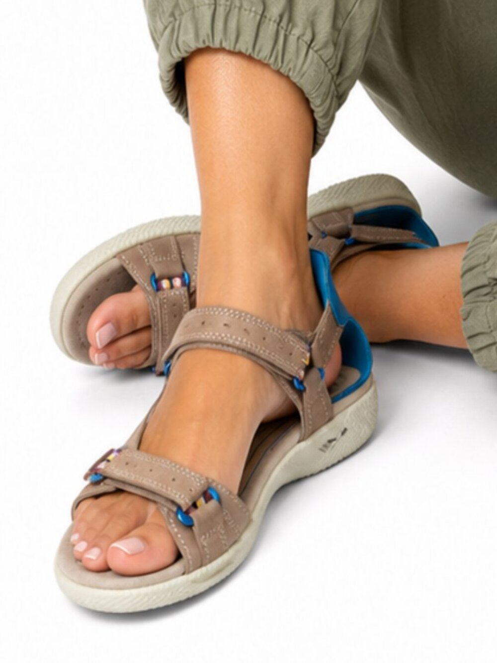 ECCO Cruise II Leather Sport Sandals Taupe Blue Women's EU 38 US 7.5